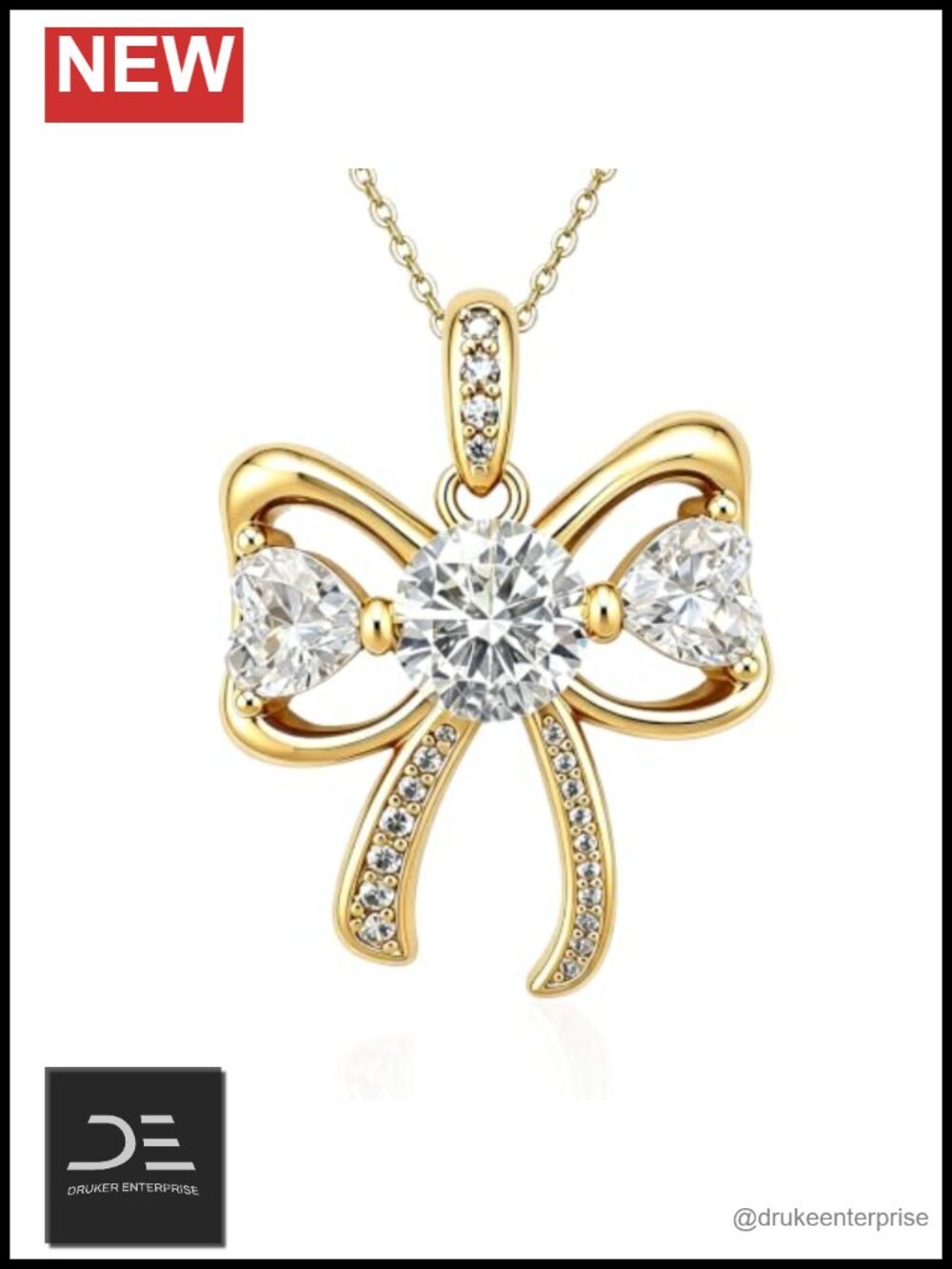 18K Gold Plated Bow Pendant Necklace CZ Sparkling Heart Women Gift